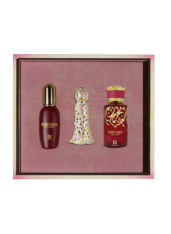 

Ahmed Al Maghribi 3-Piece Bidun Esam Gift Set Unisex, 50ml EDP Perfume, 12ml Body Gel, 12ml Perfume Oil