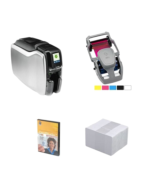 ZEBRA ZC300 Single Sided ID Card Printer, with 1 Color Ribbon + 100 Cards + Cardstudio Classic Software, White