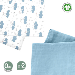 Moon Bunny Print Organic Muslin Lightweight Breathable Wrap/Swaddle, 2 Pieces, Newborn, Blue/White