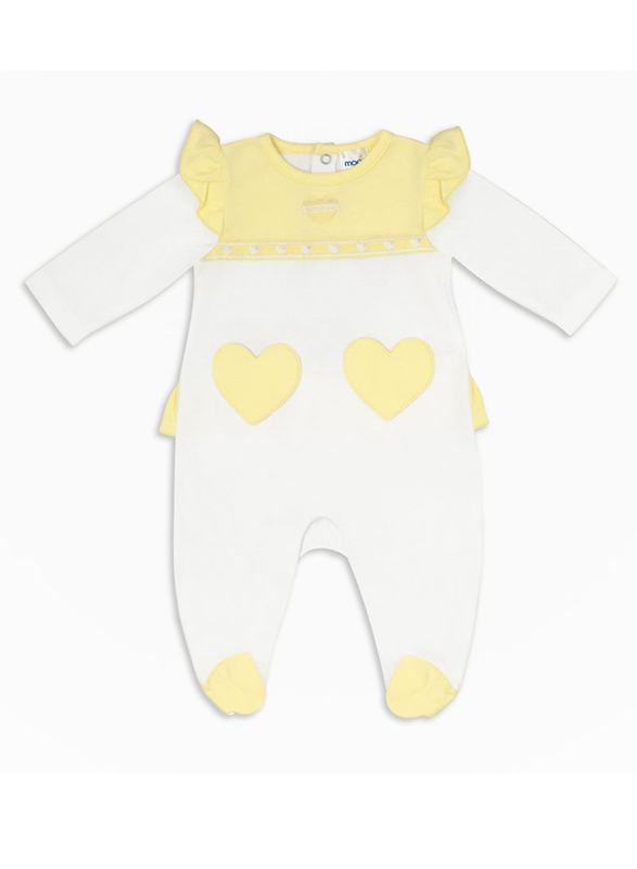 Moon 100% Cotton Hearts Sleepsuit for Baby Girls, 0-1 Months, Yellow/White