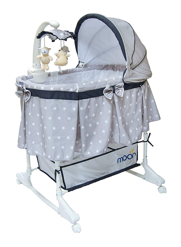 Moon 4-in-1 Convertible Co-Sleeper Baby Rocking Bassinet, with Rotating Musical Mobile and Toys, Dark Grey