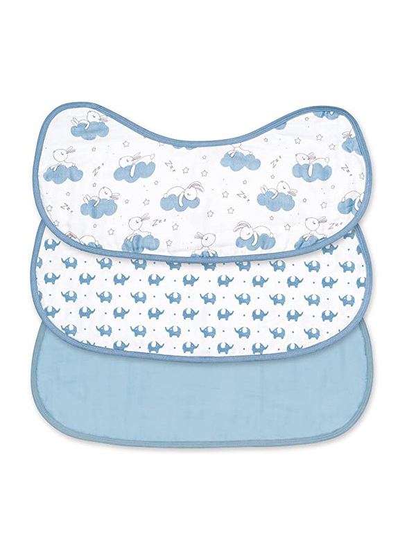 Moon Bunny & Elephant Print Organic 8-Layer Ultra Absorbent Burping Cloth, Newborn, 3 Pieces, Blue/White