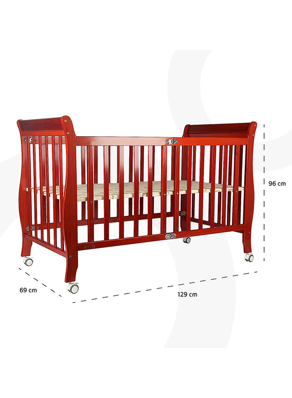 Moon Wooden Foldable Baby Crib with 3 Level Height Adjustment, Ages 0-4 Years, 129 x 69 x 96cm, Brown