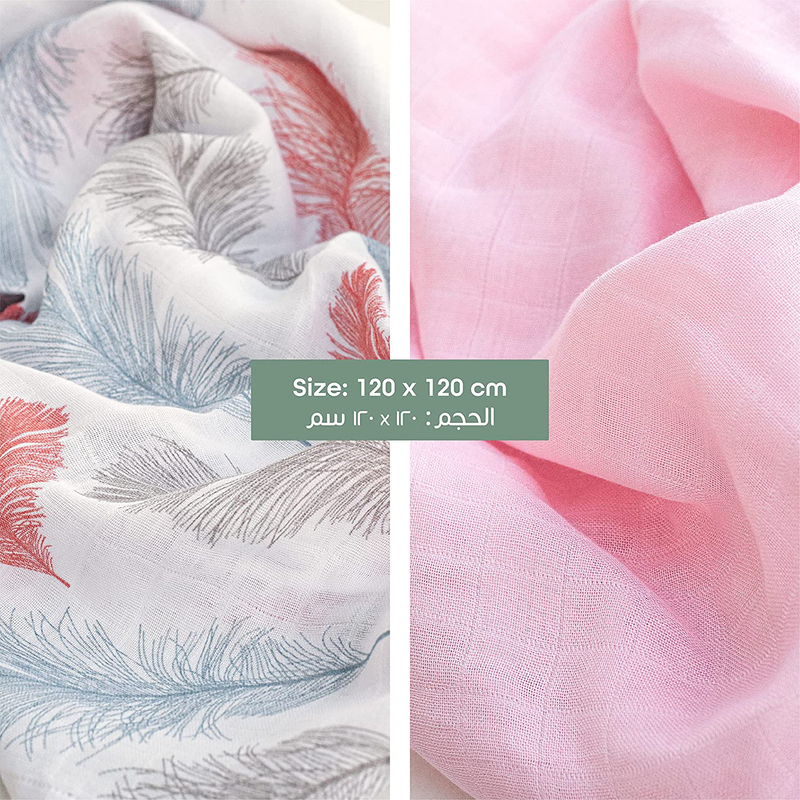 MOON - Organic Cotton Muslin Swaddle Wrap Pack of 2 - Feather Print & Pink