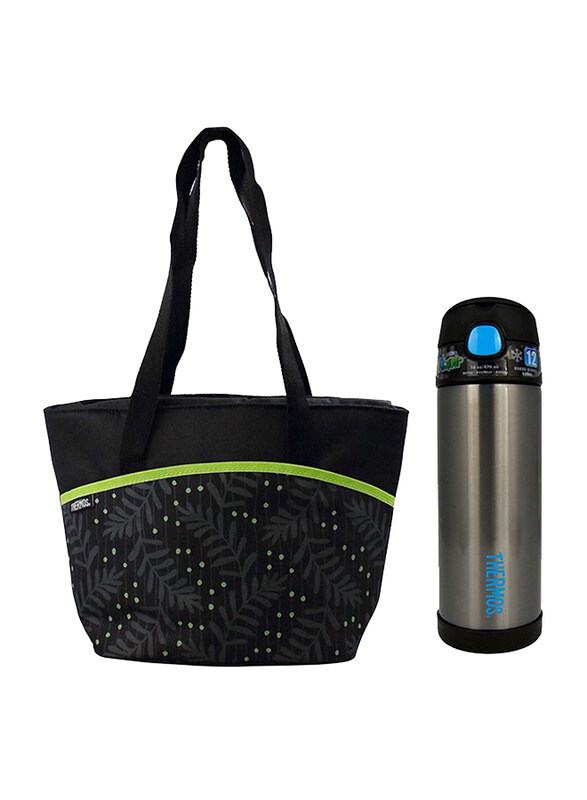 

Thermos Raya-9 Can Lunch Tote Bag + Funtainer Stainless Steel Hydration Bottle 470ml Combo Set, Green Dot/Silver