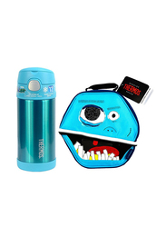 Thermos 355ml Kids School Lunch Bag-Fun Faces Hexagon + Thermos Funtainer Stainless Steel Hydration Water Bottle Combo Set, Teal