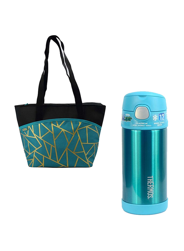 Thermos Raya-9 Can Lunch Tote Bag Fragment + Funtainer Steel Hydration Bottle 355ml Combo Set, Teal