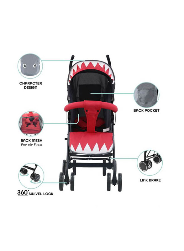 Moon Safari Shark Character Baby Stroller, Grey/Red