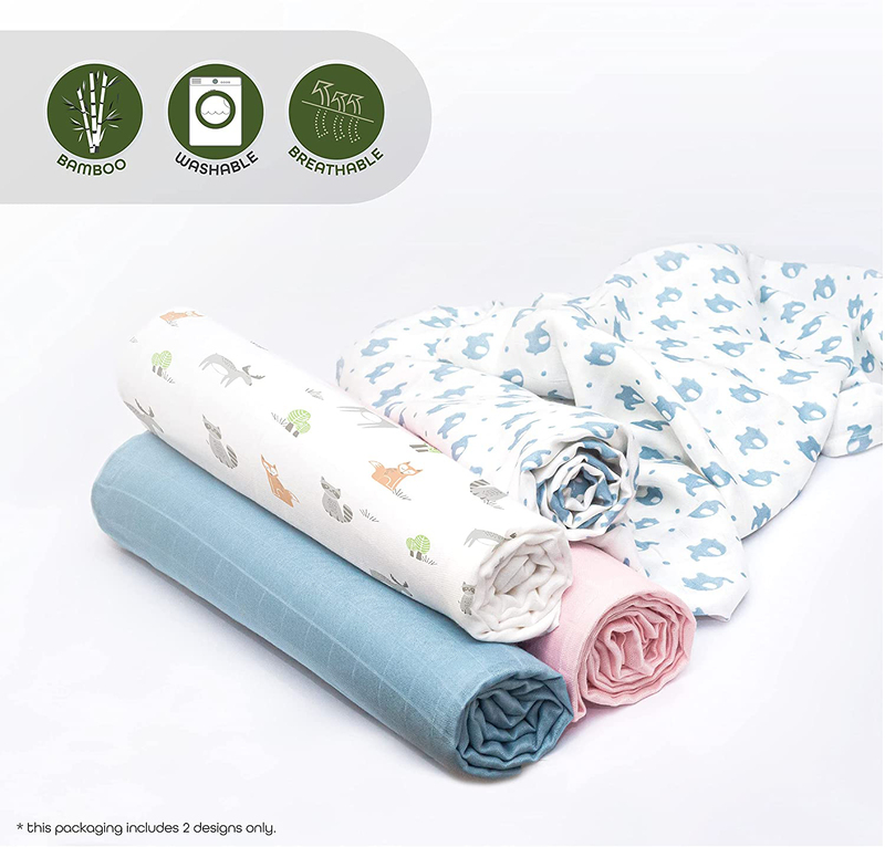 MOON - Bamboo Cotton Muslin  Swaddle Wrap Pack of 2 - Elephant Print & Blue