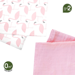 MOON - Bamboo Cotton Muslin Swaddle Wrap Pack of 2 - Flamingo Print & Pink