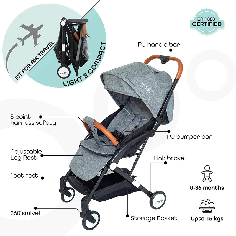 Moon Ritzi Cabin Stroller + Pull String Cat Musical Toy, Grey