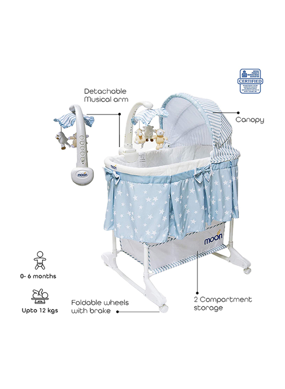 Moon 4-in-1 Convertible Co-Sleeper Baby Rocking Bassinet, with Rotating Musical Mobile and Toys, Blue/White