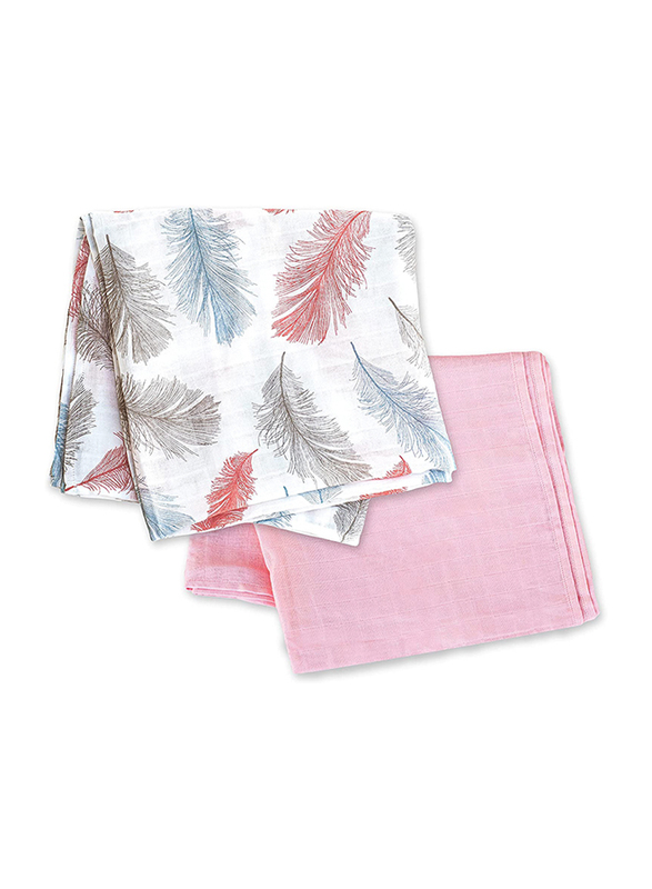 MOON - Organic Cotton Muslin Swaddle Wrap Pack of 2 - Feather Print & Pink