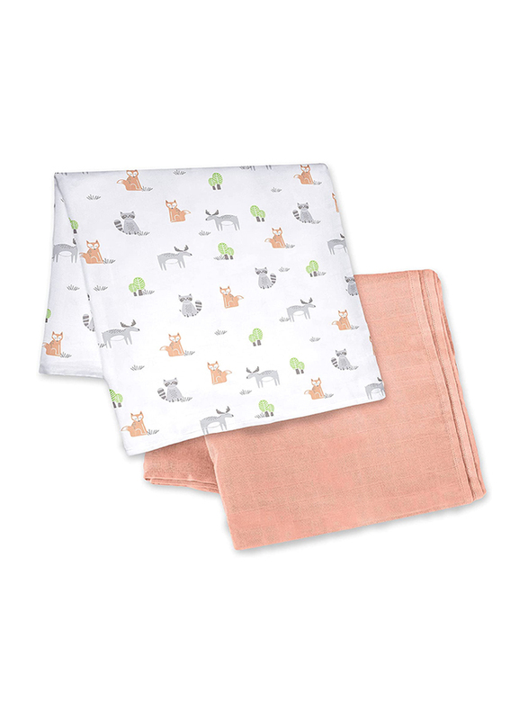 MOON - Bamboo Cotton Muslin Cotton Swaddle Wrap Pack of 2 - Forest Print & Peach