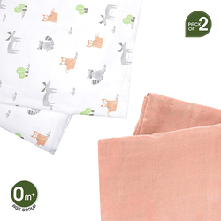 MOON - Bamboo Cotton Muslin Cotton Swaddle Wrap Pack of 2 - Forest Print & Peach
