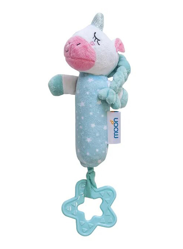 Moon Soft Rattle Plush Toy with Squeaker Sounds & Teether Unicorn, Blue/White/Pink