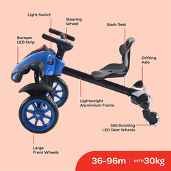 Moon Drifter Drift Bike 4 Wheel Scooter with Grip Handles/LED Lights/Pedals, Blue, Ages 3+