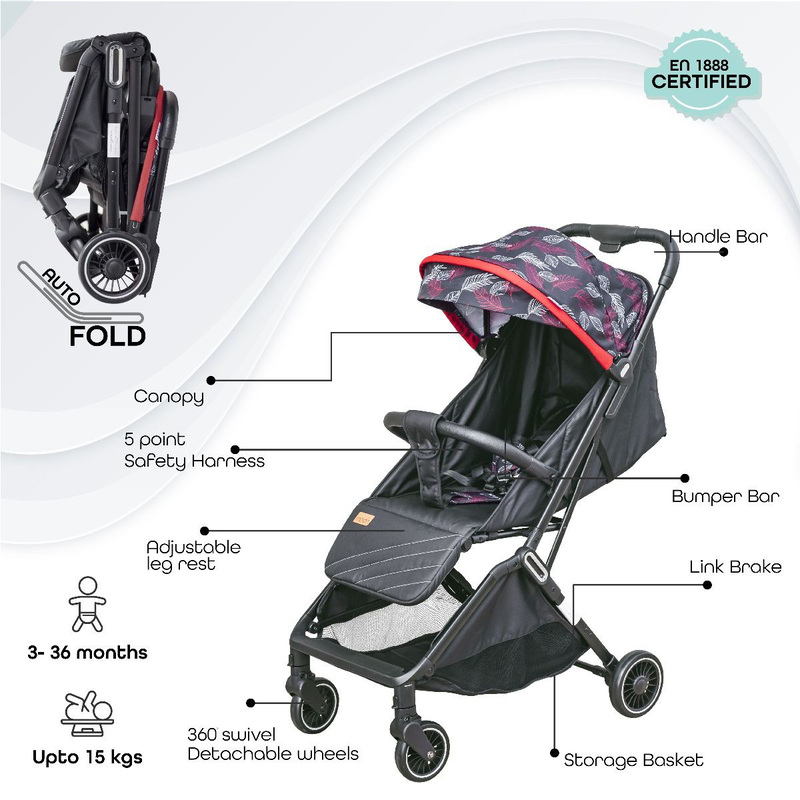 Moon Pronto Auto fold Light Weight Compact Travel Cabin Baby Stroller, Leaf Pattern