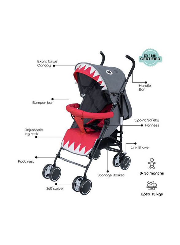 Moon Safari Shark Character Baby Stroller, Grey/Red