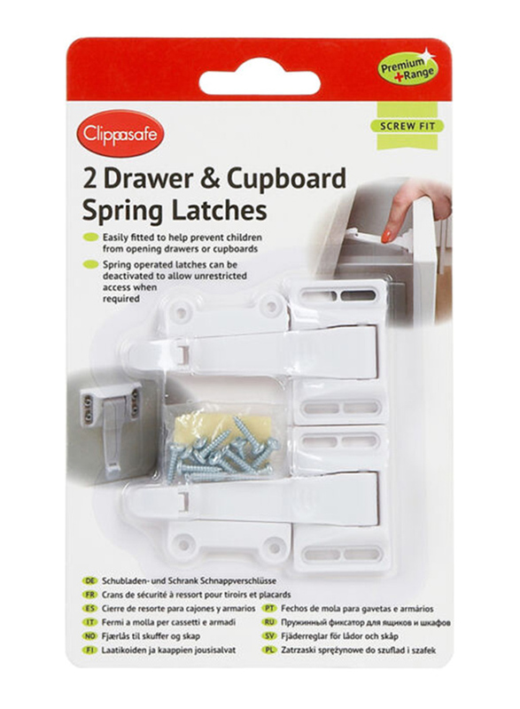 Clippasafe Drawer & Cupboard Spring Latches, 2 Pieces, White