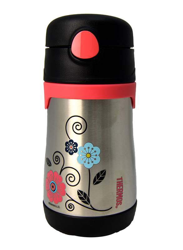 Thermos Foogo Stainless Steel Straw Bottle, Flowers, 290ml, Silver/Pink/Black