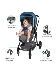 Moon 2-in-1 Pro Aluminum Frame Single Baby Stroller, Grey Melange/Blue