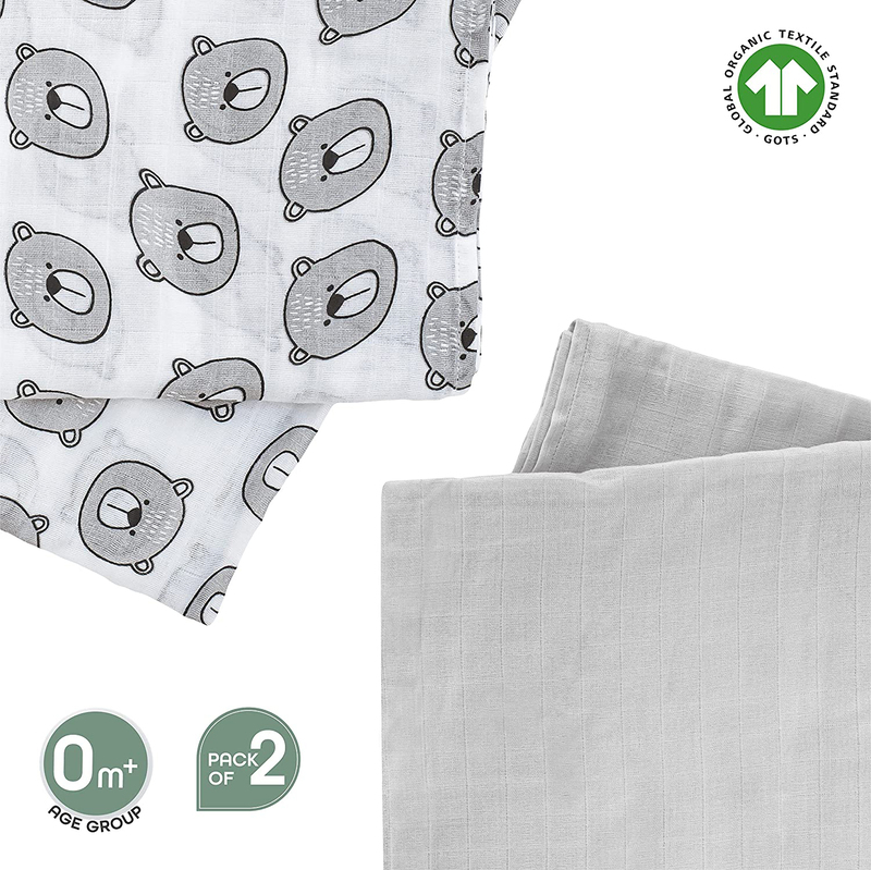 MOON - Organic Cotton Muslin Swaddle Wrap Pack of 2 - Bear Print & Grey
