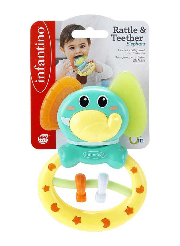 Infantino Elephant Rattle & Teether for Baby, 0+ Months, Multicolour
