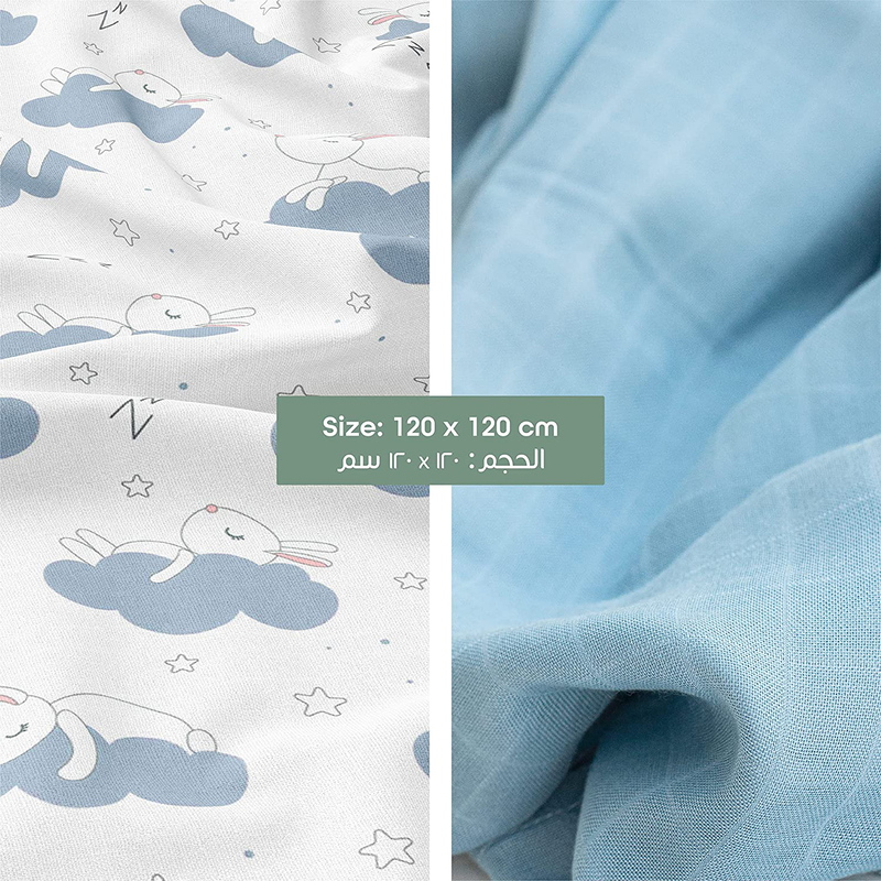 Moon Bunny Print Organic Muslin Lightweight Breathable Wrap/Swaddle, 2 Pieces, Newborn, Blue/White