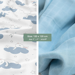 MOON - Organic Cotton Muslin Swaddle Wrap Pack of 2 - Bunny Print & Blue