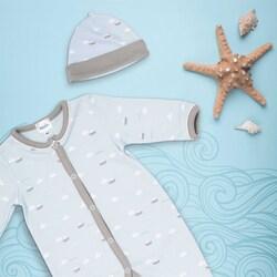 Moon Little Boat 100% Cotton Sleepsuit, Hat and Bib 3 Piece Set for Baby Boys, 1-3 Months, Teal