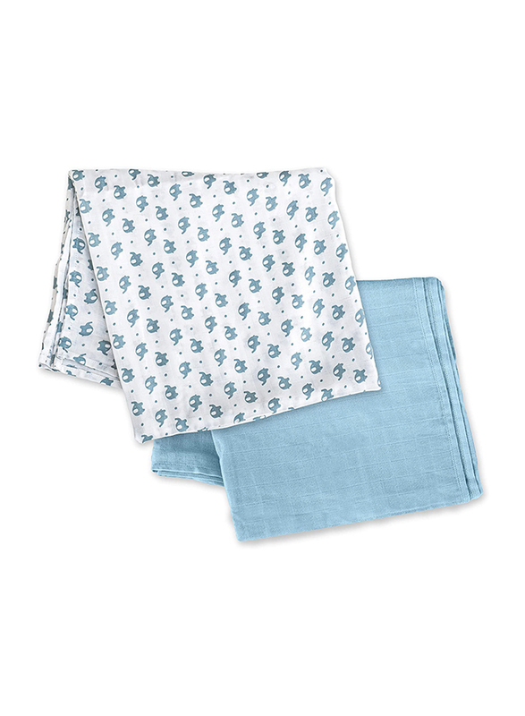 Moon Elephant Print Bamboo Muslin Lightweight Breathable Wrap/Swaddle, 2 Pieces, Newborn, Blue/White
