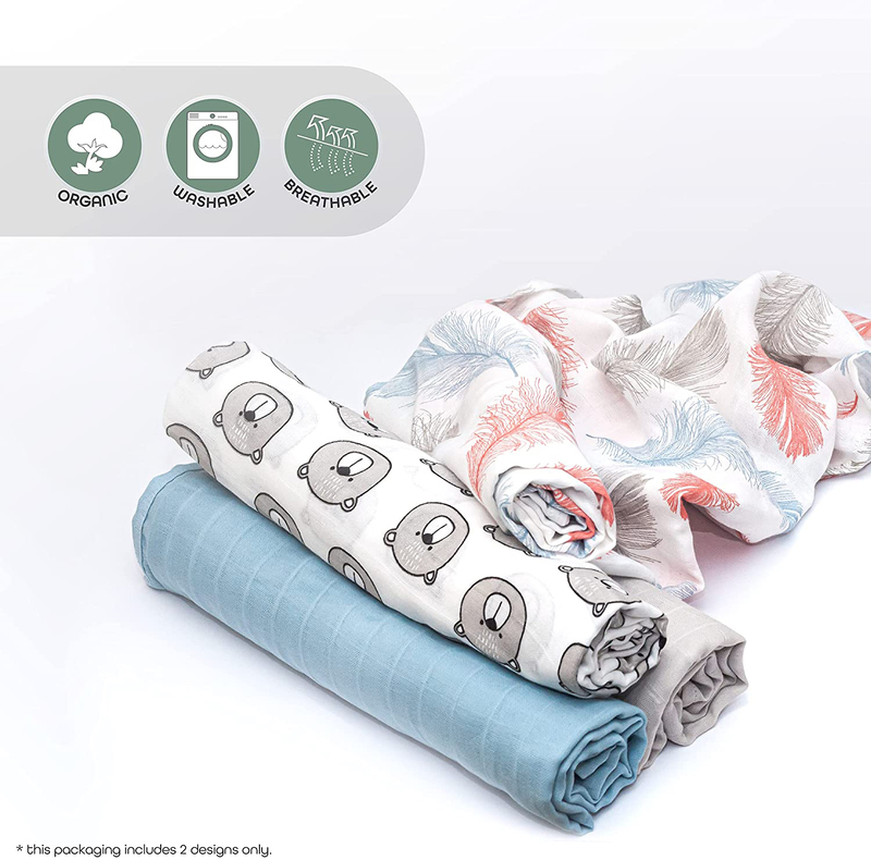 Moon Bunny Print Organic Muslin Lightweight Breathable Wrap/Swaddle, 2 Pieces, Newborn, Blue/White