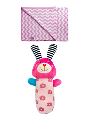 Moon Soft Stretchy Knitted Cotton Zig Zag Swaddle + Moon Soft Bunny Rattle Toy, 0-18 Months, Pink