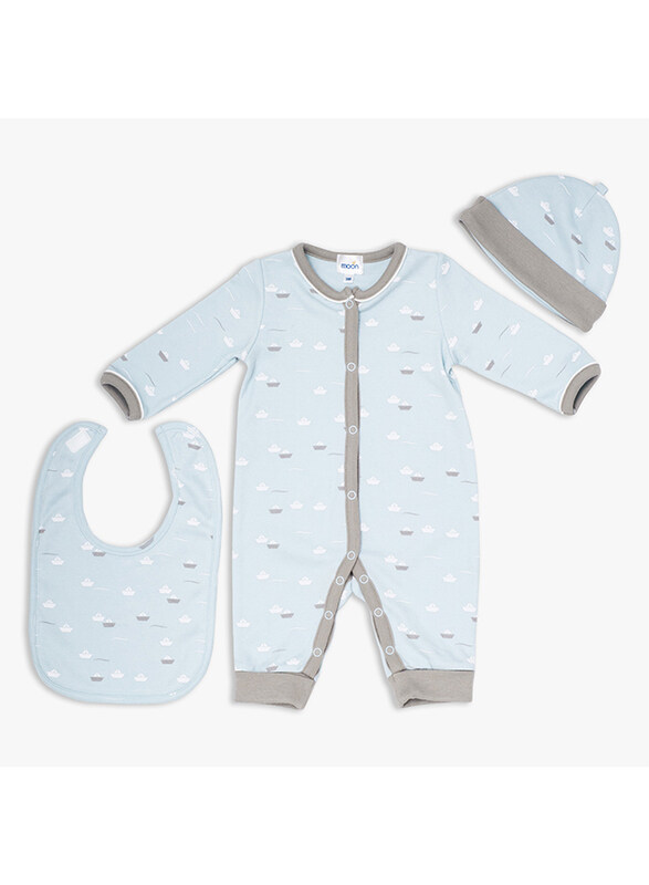 

Moon Little Boat 100% Cotton Sleepsuit, Hat and Bib 3 Piece Set for Baby Boys, 0-1 Months, Teal