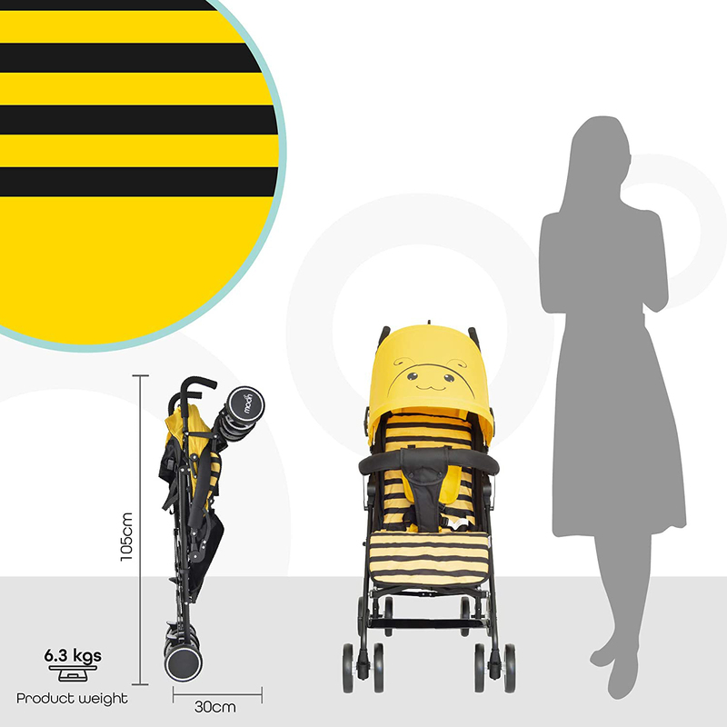 مون سفاري عربة أطفال بتصميم نحلة كبيرة جداً بمظلة شمسية مفردة لمدة 3 أشهر +، أصفر/ أزرق