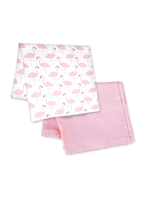 Moon Flamingo Print Bamboo Muslin Lightweight Breathable Wrap/Swaddle, 2 Pieces, Newborn, Pink/White