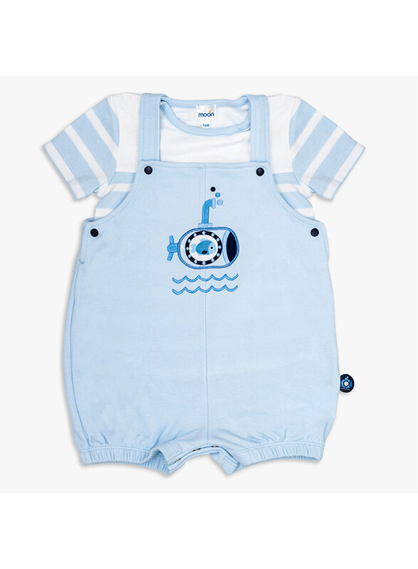 

Moon Little Submarine 100% Cotton T-Shirt and Dungaree Set for Baby Boys, 9-12 Months, Blue