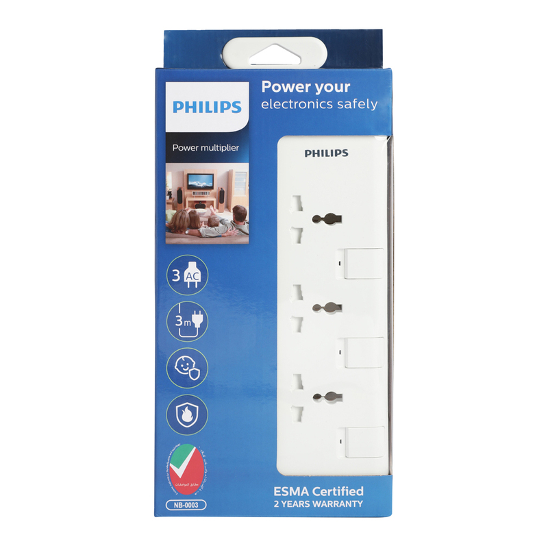 Philips 3 Way Extension Socket with Individual Switch, 3 Meter Cable, White