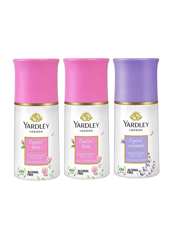 Yardley English Rose 2 x 50ml & Lavender 50ml Deodorant Roll On, 3 Pieces