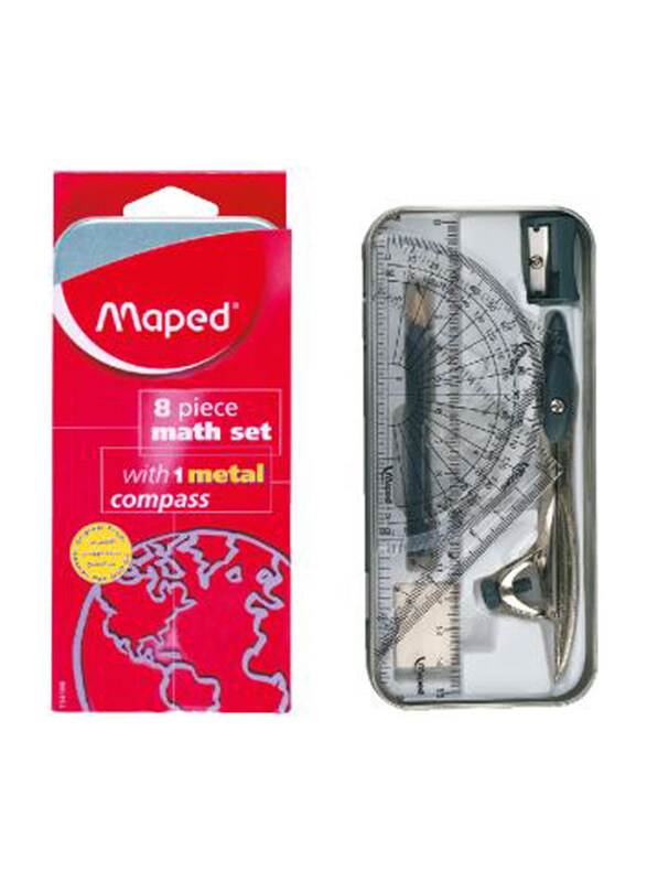 Maped 8 Piece Math Geometry Set, MD-194100, Grey/Silver