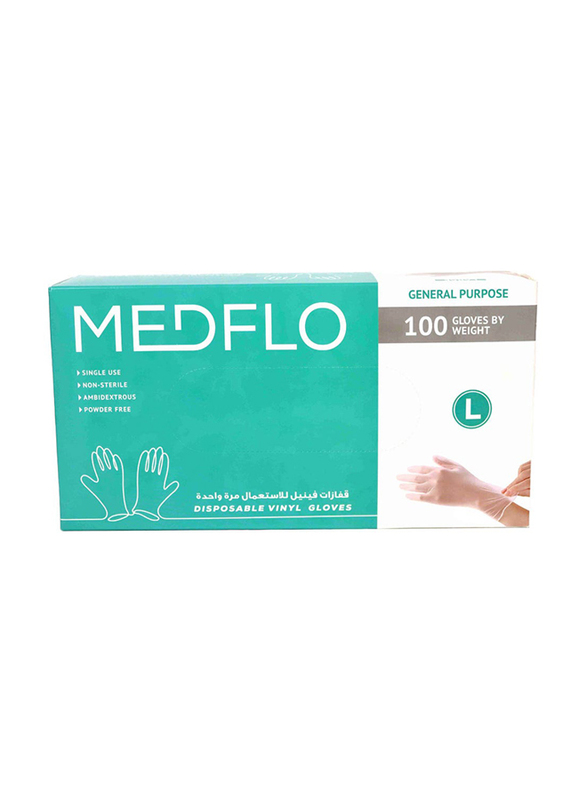 Medflo Large Vinyl Gloves No Powder, 100 Pieces