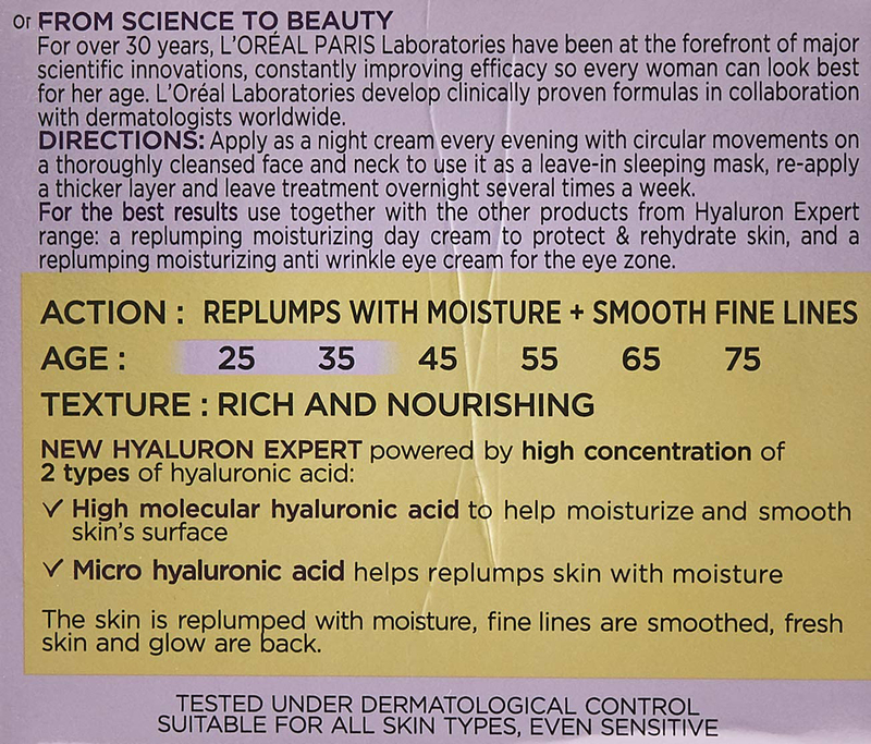 L'Oreal Paris Hyaluron Expert Replumping Moisturizing Night Cream Mask, 50ml