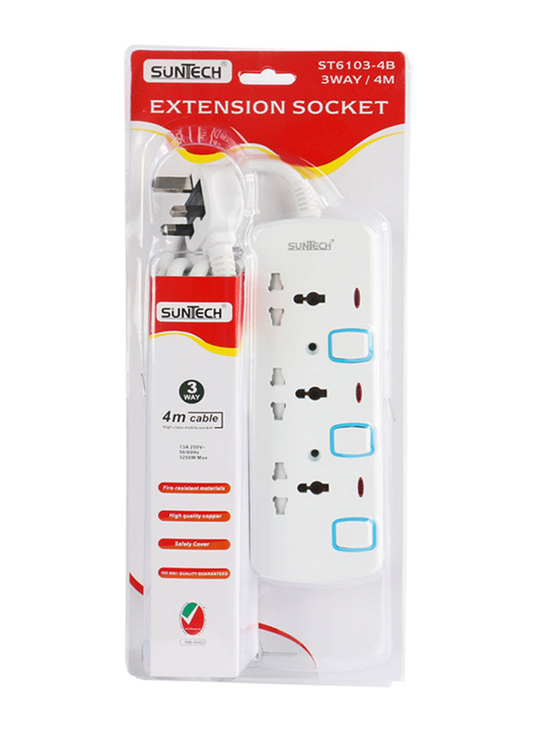 Suntech Extension Socket White 3-Way With Usb, 4 Meter, White