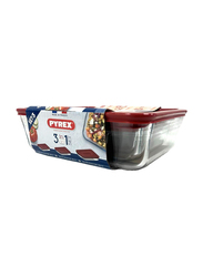 Pyrex 3-Piece Cook & Freeze 3-in-1 Glass Dishes Set with Plastic Lid, 1.5L + 0.8L + 2.6L, Red