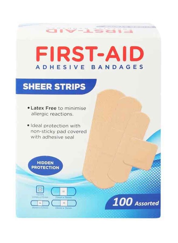 First Aid Adhesive Bandage Sheer Strips, 100 Pieces