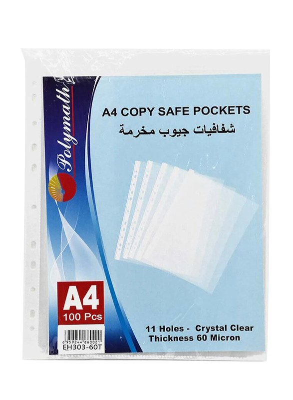 

Polymath A4 60m Punched Copy Safe Pockets, 100 Piece, Clear