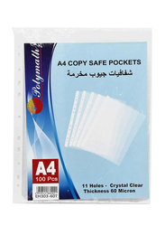 Polymath A4 60m Punched Copy Safe Pockets, 100 Piece, Clear