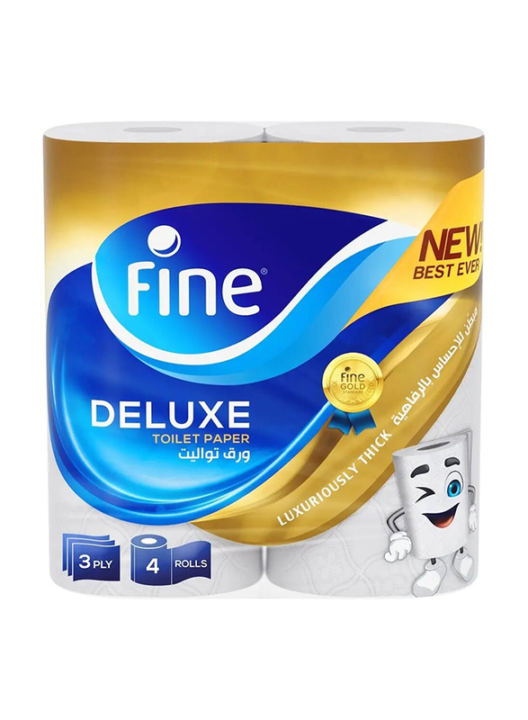 Fine Deluxe, Highly Absorbent, Sterilized, Soft & Strong, Flushable Toilet Paper, New & Improved - 3 Plies - Pack of 4 Rolls