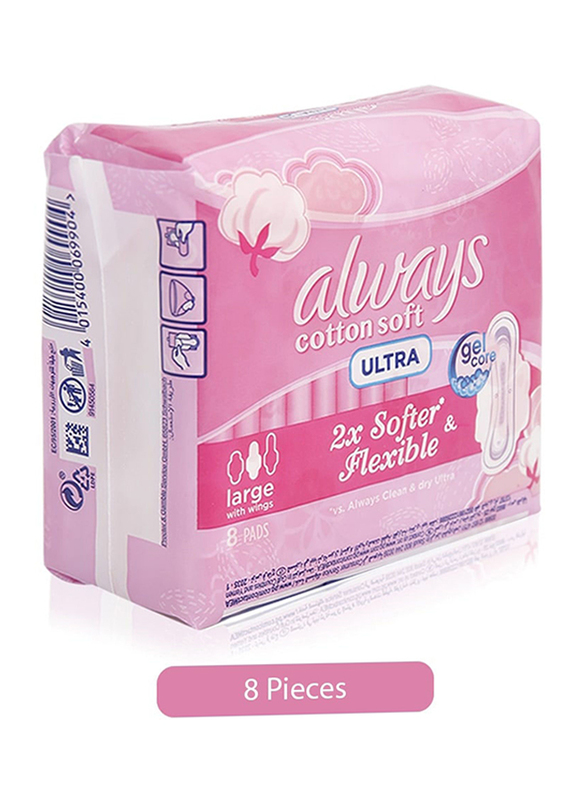 Always Cotton Soft Ultra Sanitary Pads, Large, 8 Pieces
